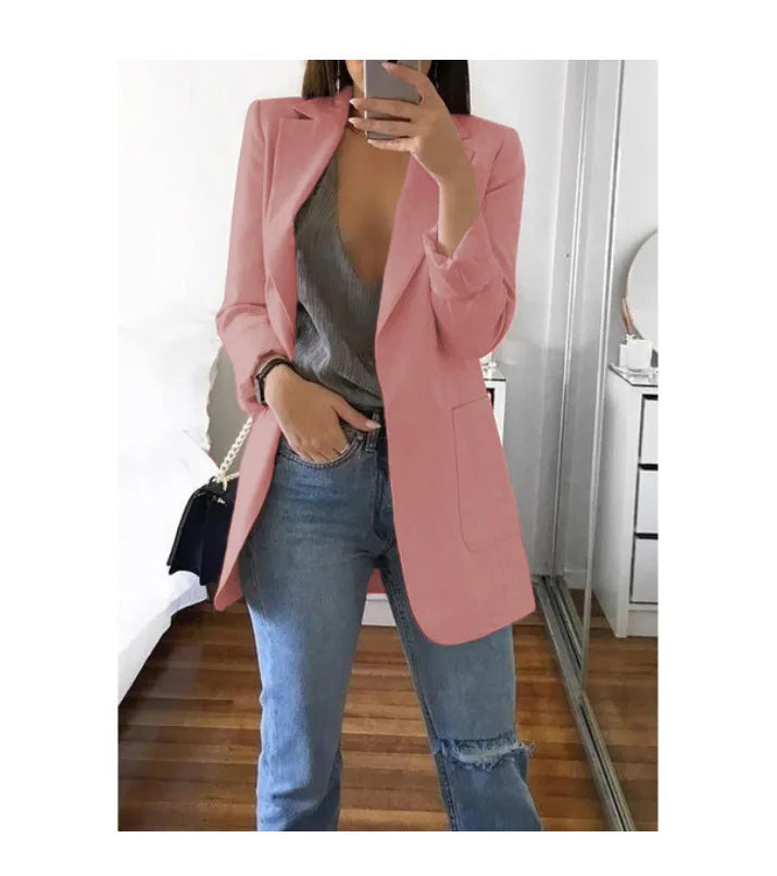 Autumn And Winter Women's Fashion Solid Color Polo Neck Slim Fit Coat Elegant Women's Long Sleeve Pocket Casual Suit Coat S-3XL