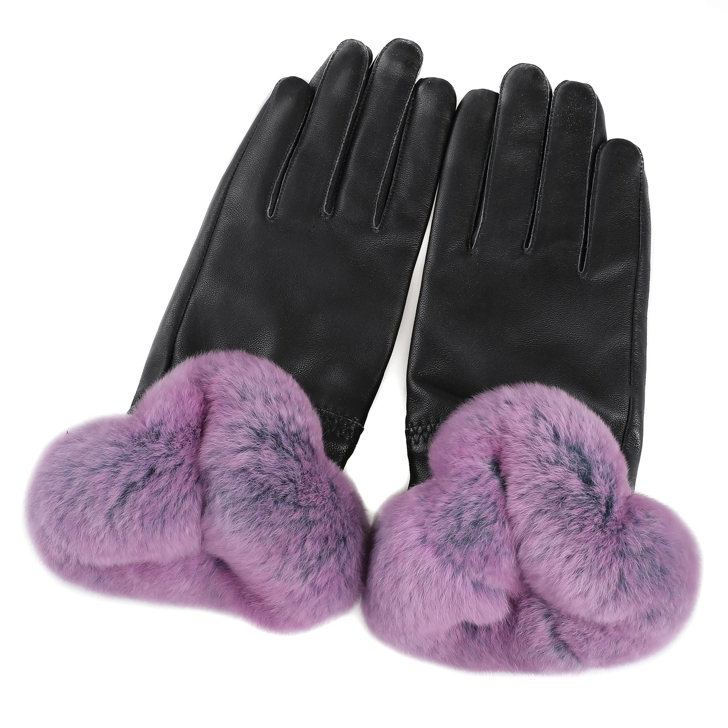 BOONJOVIA Elegant Women's Winter Warm Genuine Leather Gloves With Rex Rabbit Fur Trim Cuffs Velvet Lined