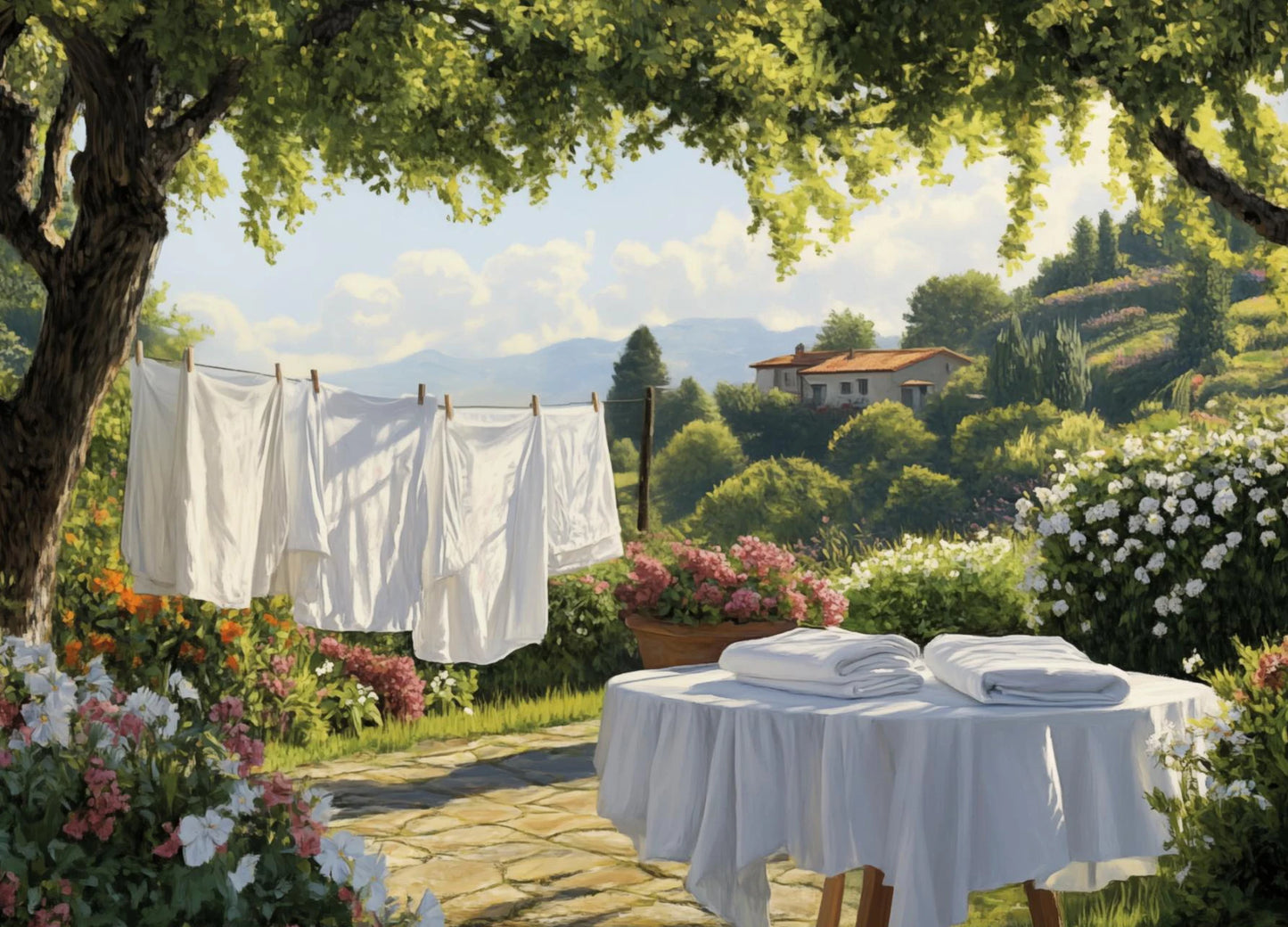 Classic Oil Painting Laundry Room with Clothes Hanging Poster Canvas Art Painting Printing Home Room Wall Pictures Decor Gift