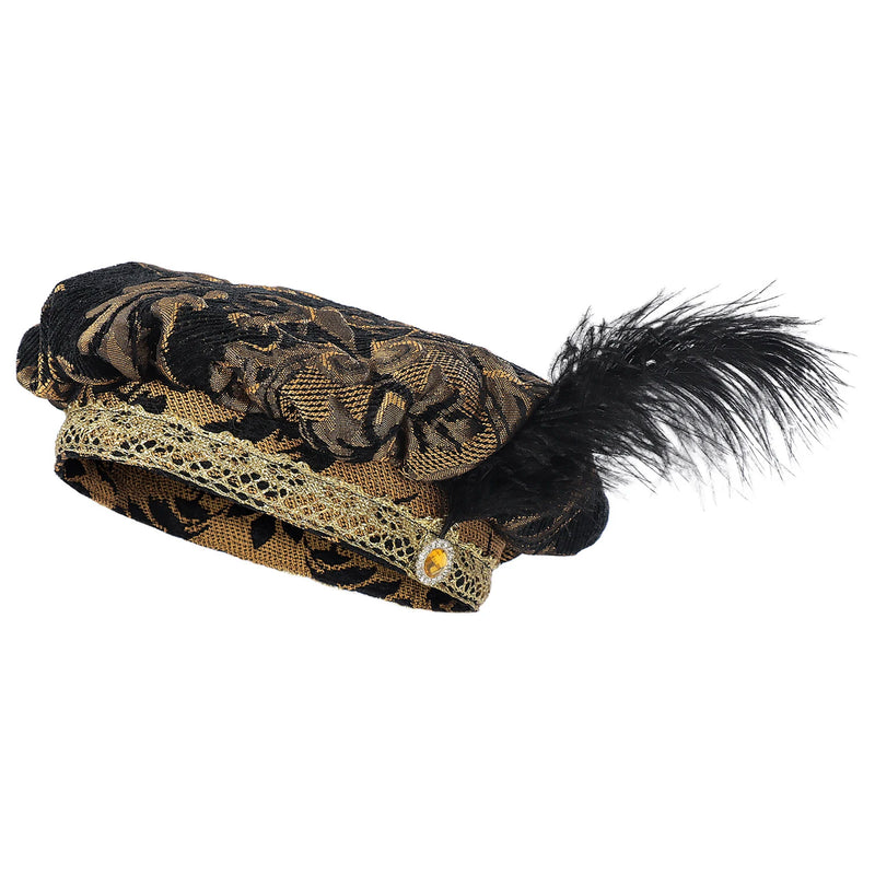 Medieval men's and women's hats with feathers, muffin top hats, Renaissance-era flat hats and clothing headdresses