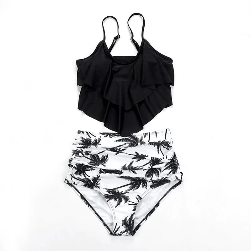 Bathing Suit Women Print 2 Piece Chic Layered Ruffles Suspender High Waist Bikini Summer 2025 New Casual Lady Beachwear Swimsuit