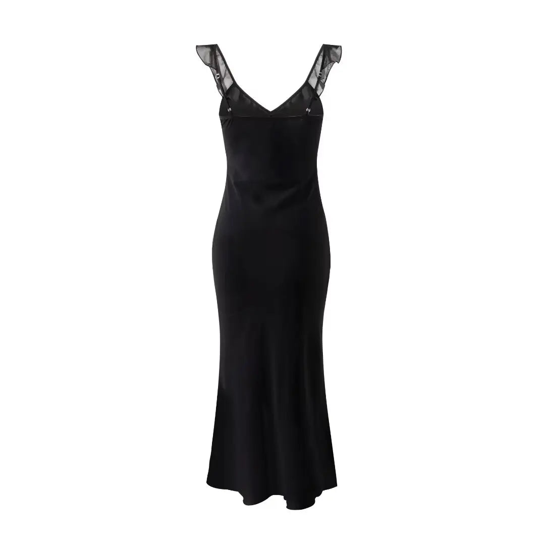 2024 Summer New Homemade Misty Elegant Gentle Sexy Style Flower V-neck Low cut Diagonal Cut Silk Dress