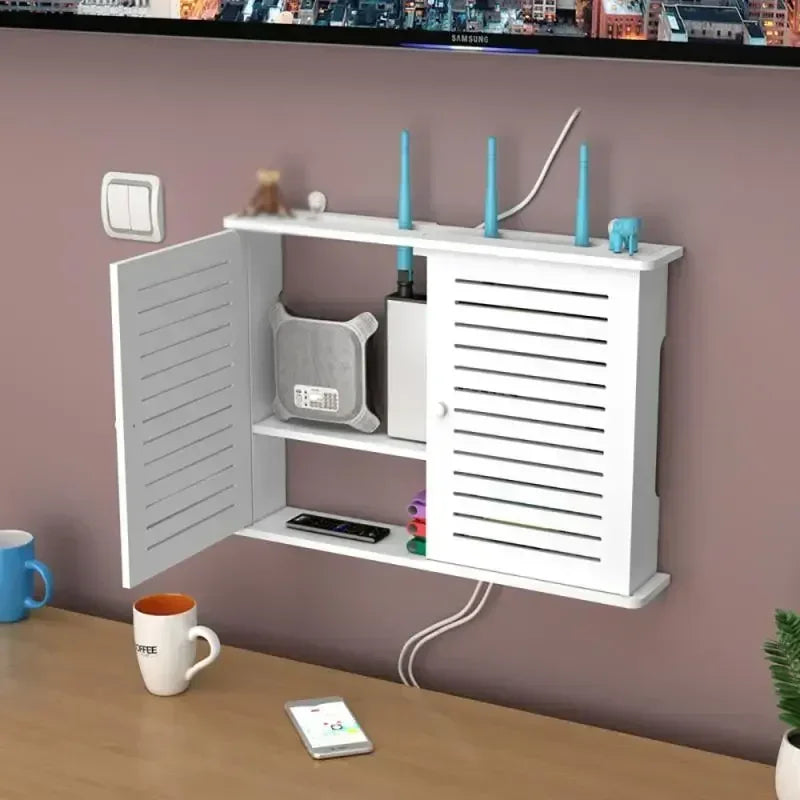 Large Wireless Wifi Router Shelf Storage Boxes Cable Power Plus Wire Bracket Wood-Plastic Wall Hanging Plug Board DIY Home Decor