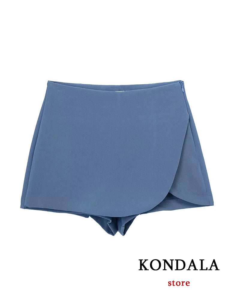KONDALA Women Fashion 2025 Casual Mini Asymmetrical Skirts Shorts High Waist Back Pockets Wide Leg Skirts Zipper Female Shorts