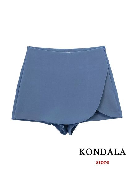 KONDALA Women Fashion 2025 Casual Mini Asymmetrical Skirts Shorts High Waist Back Pockets Wide Leg Skirts Zipper Female Shorts