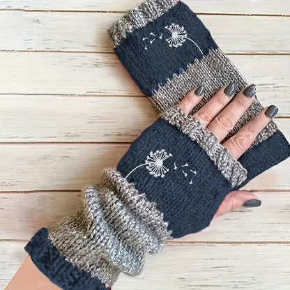 Winter gloves, dandelion embroidered mitten gloves, retro outdoor-style fingerless gloves, women's warm gloves, thickened gloves