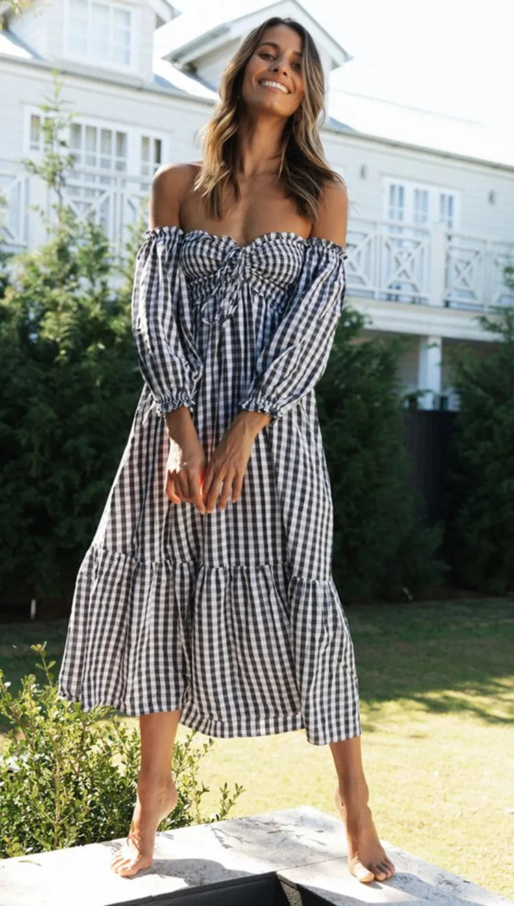 Fashion Print Off Shoulder Women's Plaid Dress New Autumn Fashion Elegant Party Casual Dresses Femlae Holiday Robe Femme