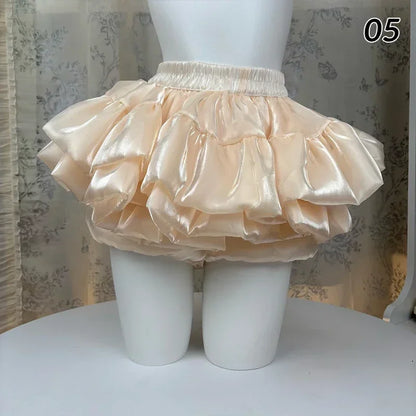 Sweet Elastic Waist Short Skirt Chic Ruffle Cake Princess Satin Puffy Skirt