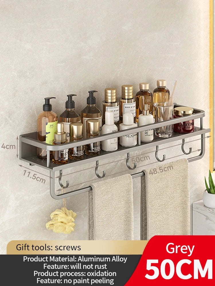 50CM/60CM Aluminum Bathroom Shelf Shelves Shampoo Makeup Storage Holder Kitchen Organizer Wall Mounted Rack Access