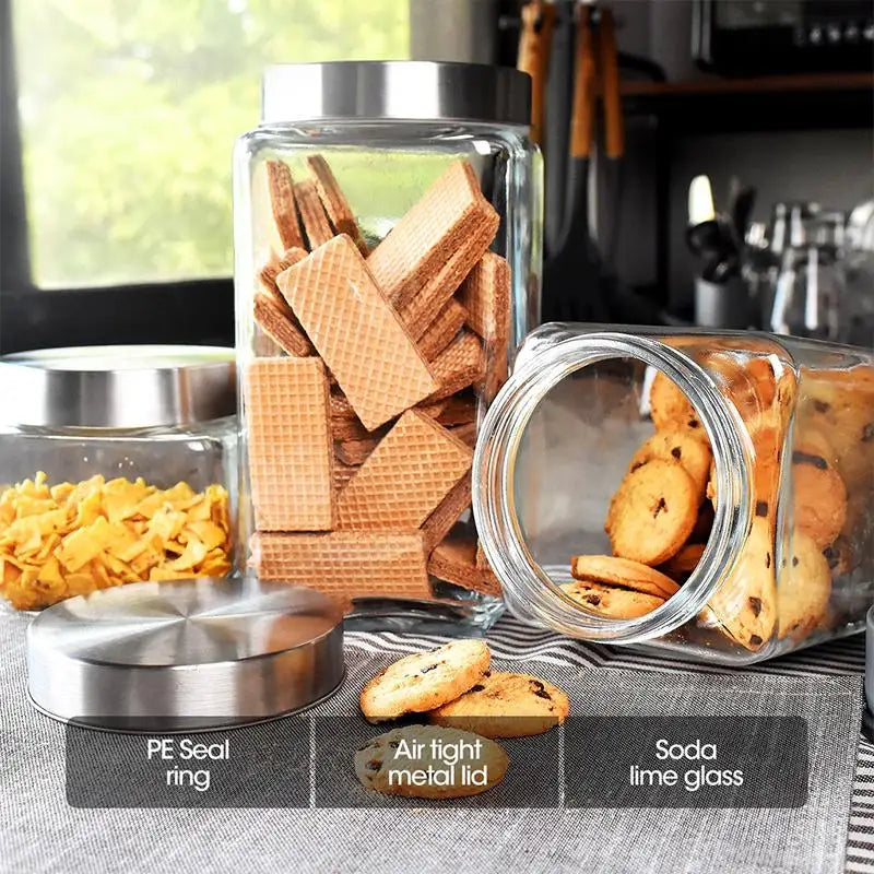 Glass Jar Stainless Steel Lid Storage Essentials Square Airtight Glass Jars For Storing Kitchen Grains