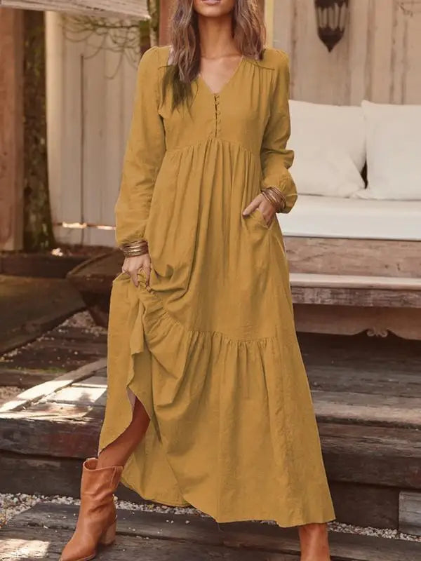 Cotton Linen Women Long Dress 2023 New Loose Fashion V-Neck Casual Solid Long Sleeve A-Line Sexy Dresses Elegant Ruffles Vestido