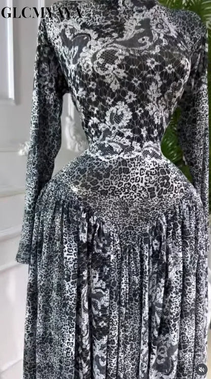 GLCMYAYA Women Full Sleeve Floral Printed O-neck Maxi Long Dress 2025 Evening Birthday Vacation Sexy Party Club Vestidos Dresses