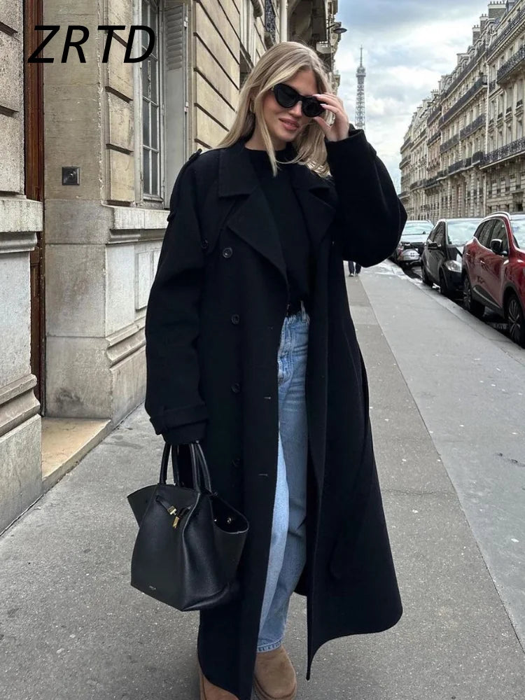 Street Women's Woolen Overcoat With Belt Loose Lapel Double Breasted Full Sleeve Long Coats 2025 Autumn Winter Lady Trench Coat