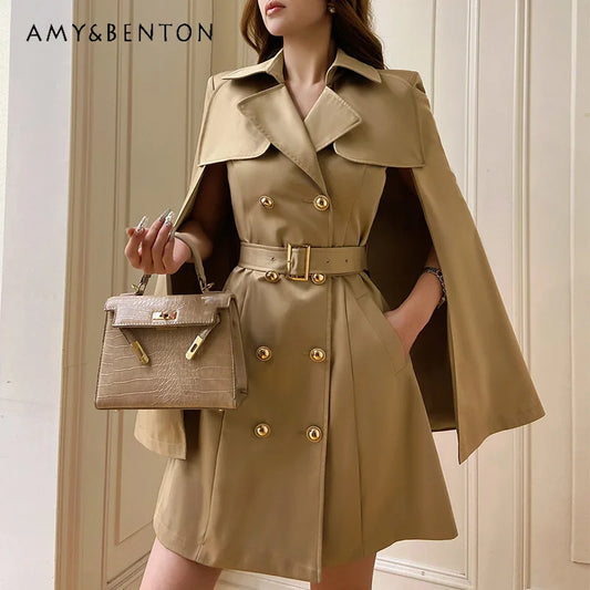 British Style Graceful Commute Cape Stitching Double-Breasted Trench Coat 2024 Early Spring New High-Grade Fashion A-line Coat