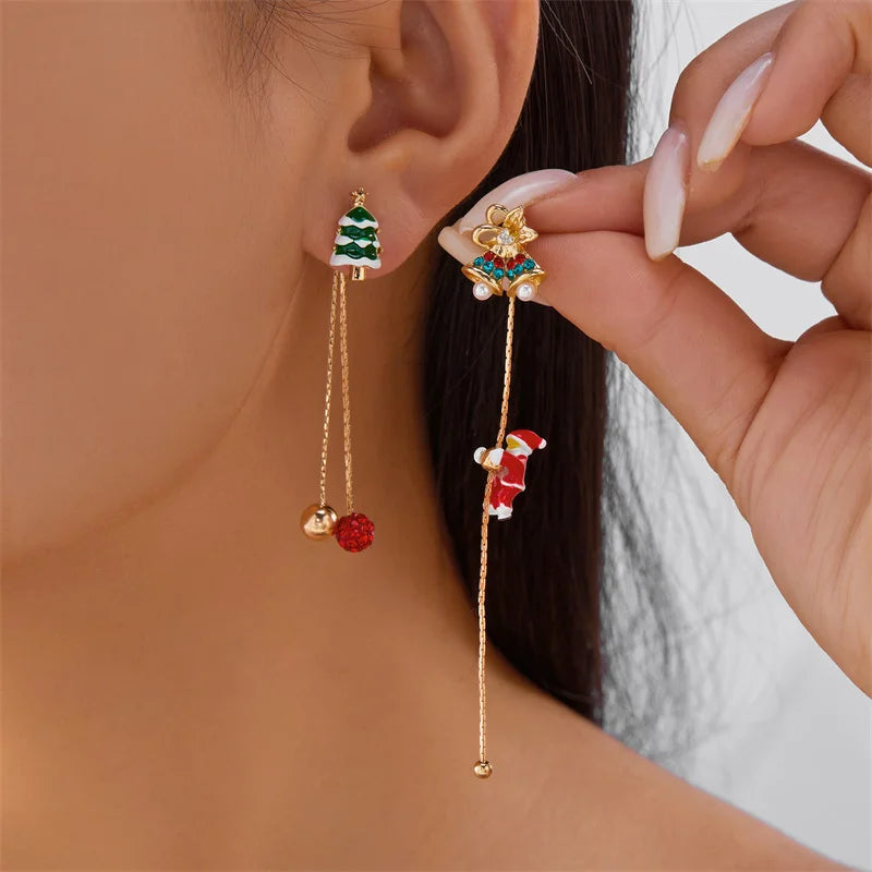 Christmas Asymmetrical Santa Claus Long Tassel Earrings for Women Elegant Snowflake Xmas Tree Elk Earrings Party Jewelry Gifts