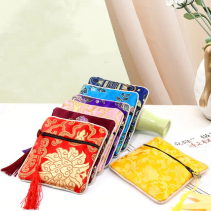 Chinese Brocade Jewelry Storage Bag Handmade Silk Embroidery Padded Small Zipper Tassel Jewelry Organizer Pouch Satin Gift Bag