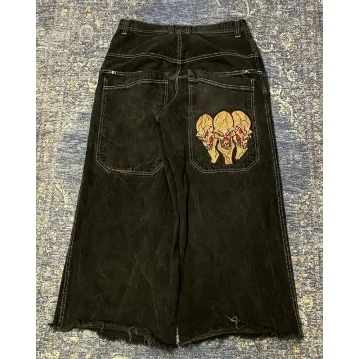 Men Women Retro Gothic High Waist Jeans Y2k Baggy Black Harajuku Hip Hop Pattern Embroidered Blue Denim Pants Wide Leg Jeans