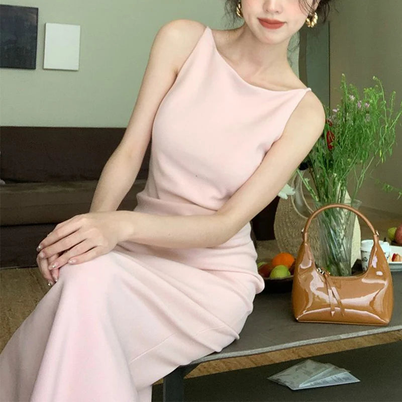 New Summer Women Sexy Skinny One Shoulder Dress Lady Solid Color Wrap Hip Skirts Female Korean Concise Party Slim Fit Long Dress