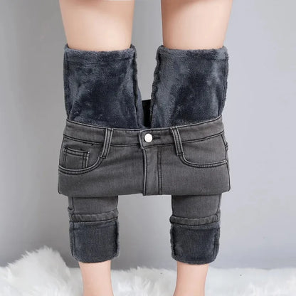Pure Color Fleece Lined Thickened Slim Fit High Waist Jeans Women's Fashion plus Size Long Pants Tight Bodycon Style