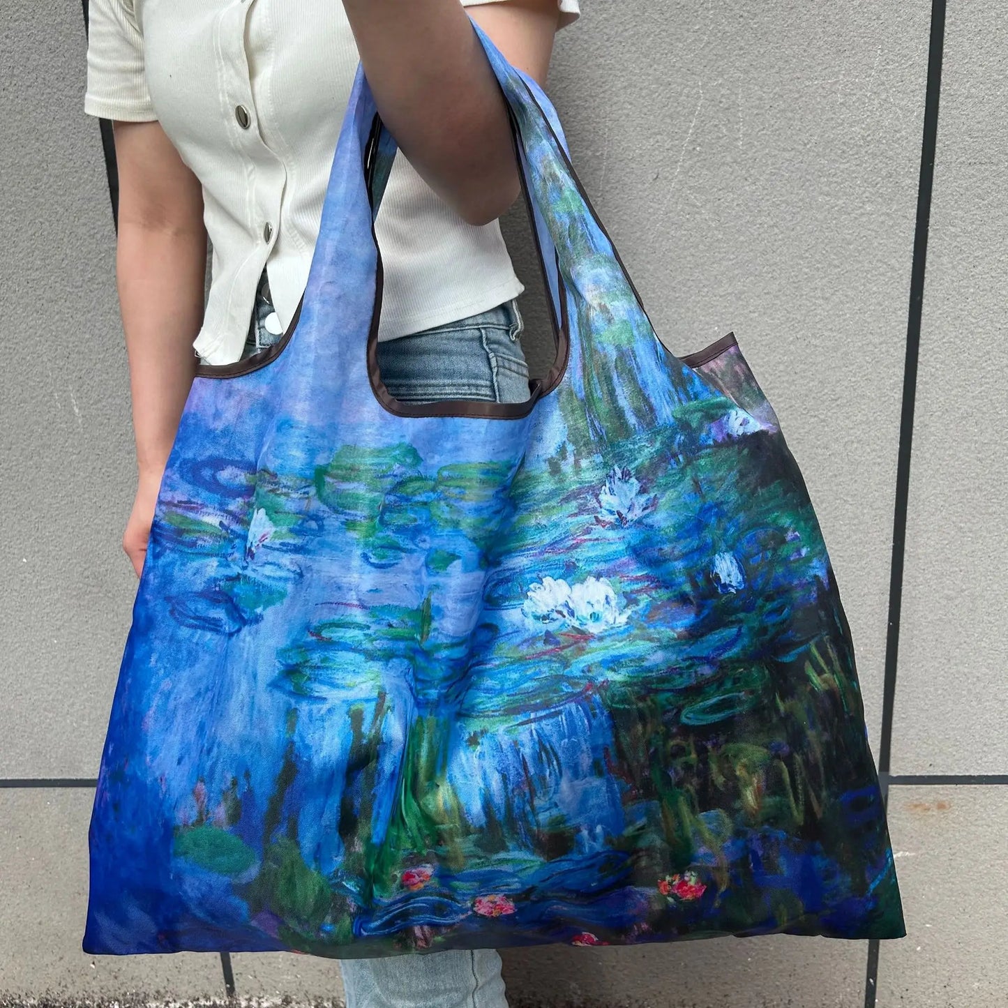 Chic Iris Flower Large Tote Bag Foldaway Convenience Nylon Shopping Bag with Shoulder Strap Lightweight Machine Washable