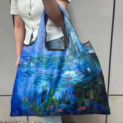 Chic Iris Flower Large Tote Bag Foldaway Convenience Nylon Shopping Bag with Shoulder Strap Lightweight Machine Washable