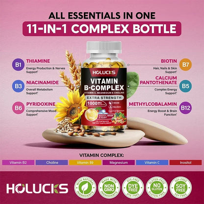 Vitamin B Complex Supplement - (B1, B2, B3, B5, B6, B7, B8, B9, B12 Folic Acid&Biotin) with Vitamin C, Inositol - Energy Healthy