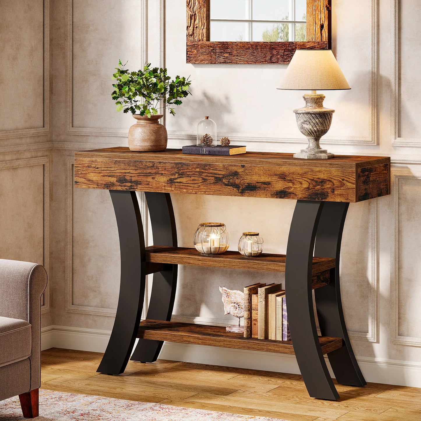 Tribesigns 41" Small Console Table for Entryway, 3-Tier Rustic Sofa Table with Storage Shelves and Curved Frame for Living Room