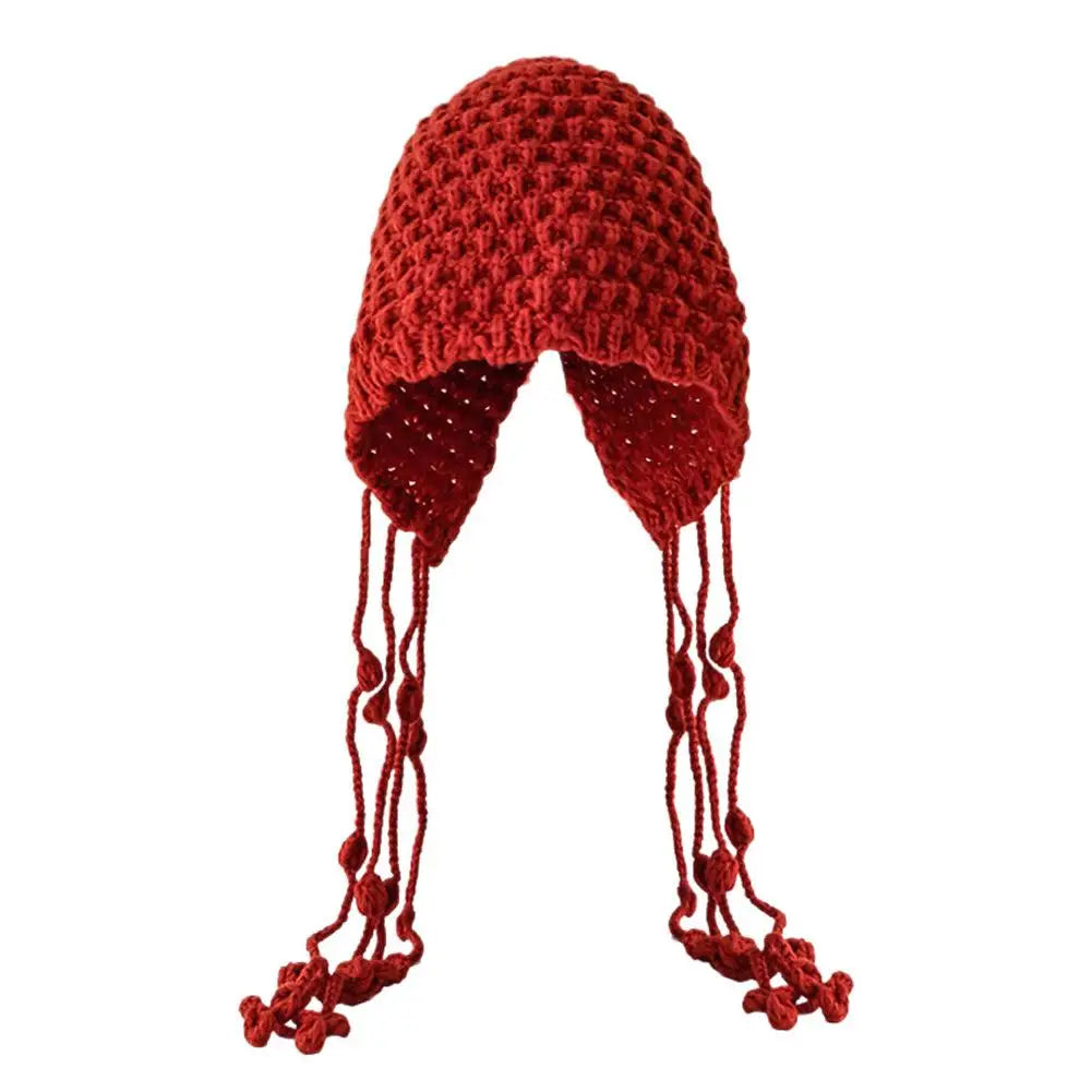 Women's Fashion Hand Woven Tassel Ball Knitted Hat Comfortable Warm Soft Skin-friendly Pullover Cap Street Photography Travel