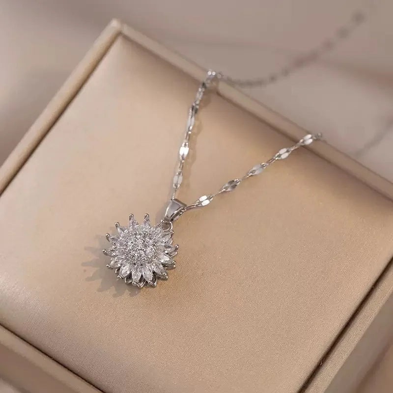 Trendy Rotation Spin Sunflower Stainless Steel Zircon Necklaces For Women Metal Crystal Necklace Party Birthday Gifts Jewelry