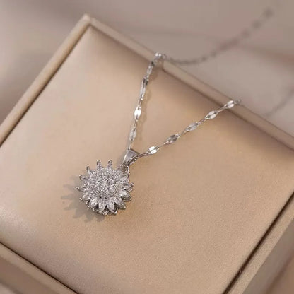 Trendy Rotation Spin Sunflower Stainless Steel Zircon Necklaces For Women Metal Crystal Necklace Party Birthday Gifts Jewelry