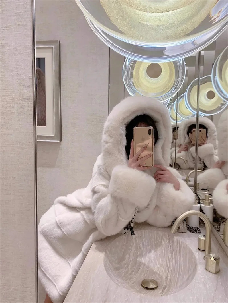 Winter New Environmentally Friendly Rabbit fur fur Coat Women Imitation fox fur Collar Hooded mid Length Fur Plush Mink fur Coat