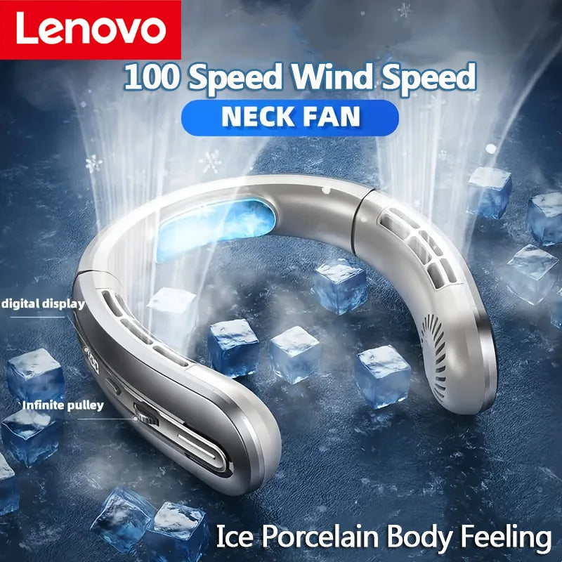 Lenovo Digital Display Neck Hanging Fan Portable 5 Speed Ultra Hanging Neck Fan USB Rechargeable Refrigeration Leafless Fan