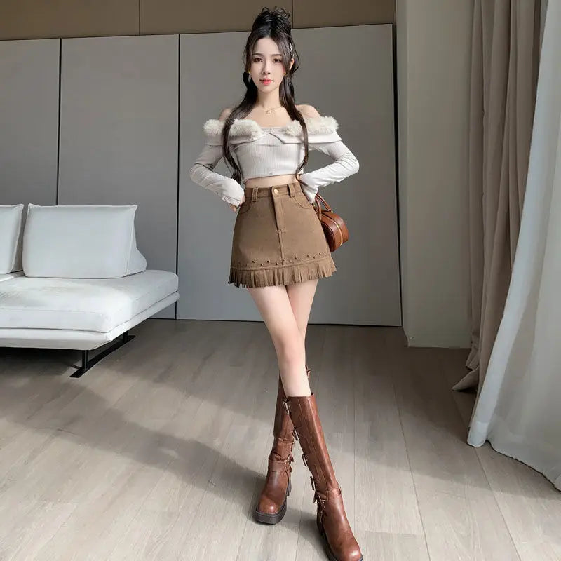 Sweet Fashion Autumn New Deer Skin Velvet Women Solid Tassel Zipper Pockets Patchwork Chic High Waist Slim A-line Hip Wrap Skirt