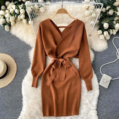 YuooMuoo Women Dress 2025 Autumn Winter Elegant Sash Bandage Bodycon Mini Dress Chic Fashion Y2K Knitted Ladies Dresses Party