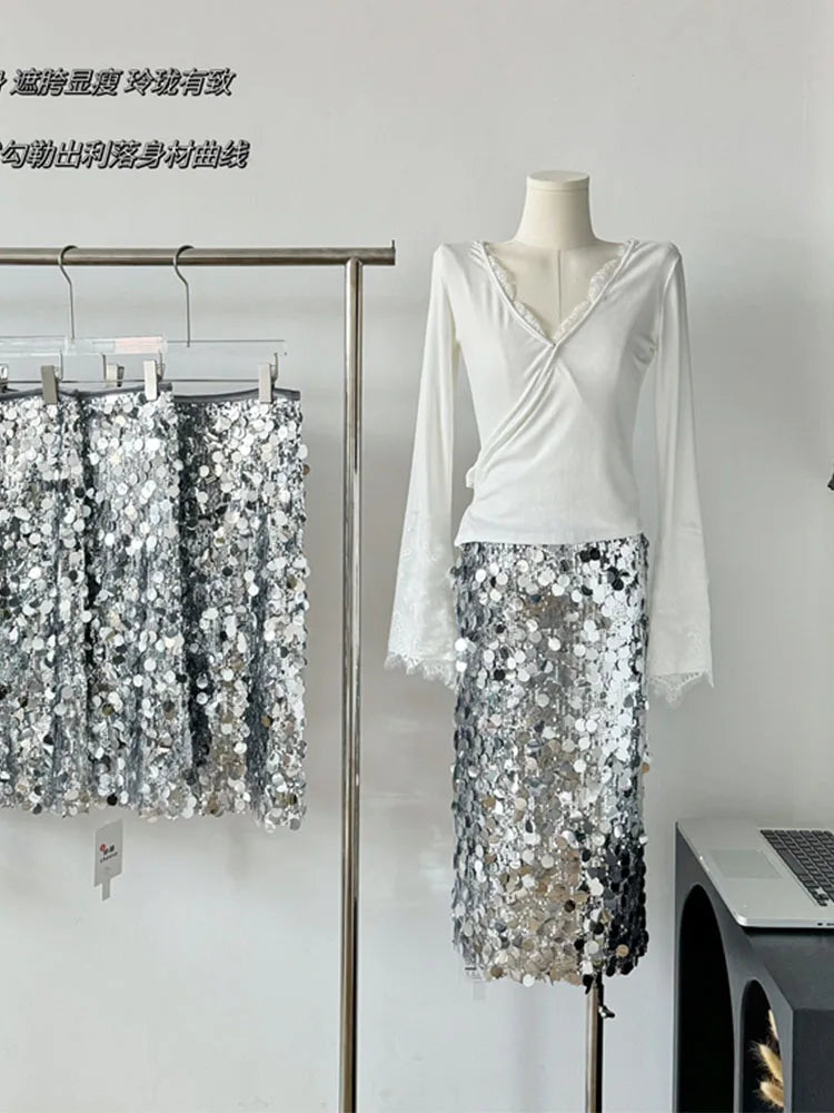 High Quality Silvery Skirt Women High Waist Sequins Sparkly A-Line Skirt Luxury Korean Fashion Sexy Elegant Coquette Party Prom