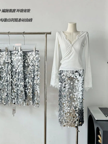 High Quality Silvery Skirt Women High Waist Sequins Sparkly A-Line Skirt Luxury Korean Fashion Sexy Elegant Coquette Party Prom