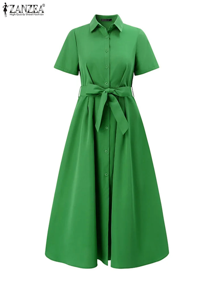 ZANZEA 2025 Summer Stylish Midi Dress Elegant Turn-down Collar Women Short Sleeve Vestidos Casual Streetwear Belted Shirt Dress
