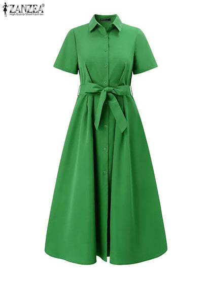 ZANZEA 2025 Summer Stylish Midi Dress Elegant Turn-down Collar Women Short Sleeve Vestidos Casual Streetwear Belted Shirt Dress