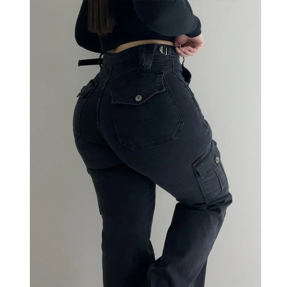 Fashion Women Streetwear Side Pocket Cargo Straight Denim Straight Safari Style Jeans Wide Leg Jeans Trousers Hip-hop Streetwear