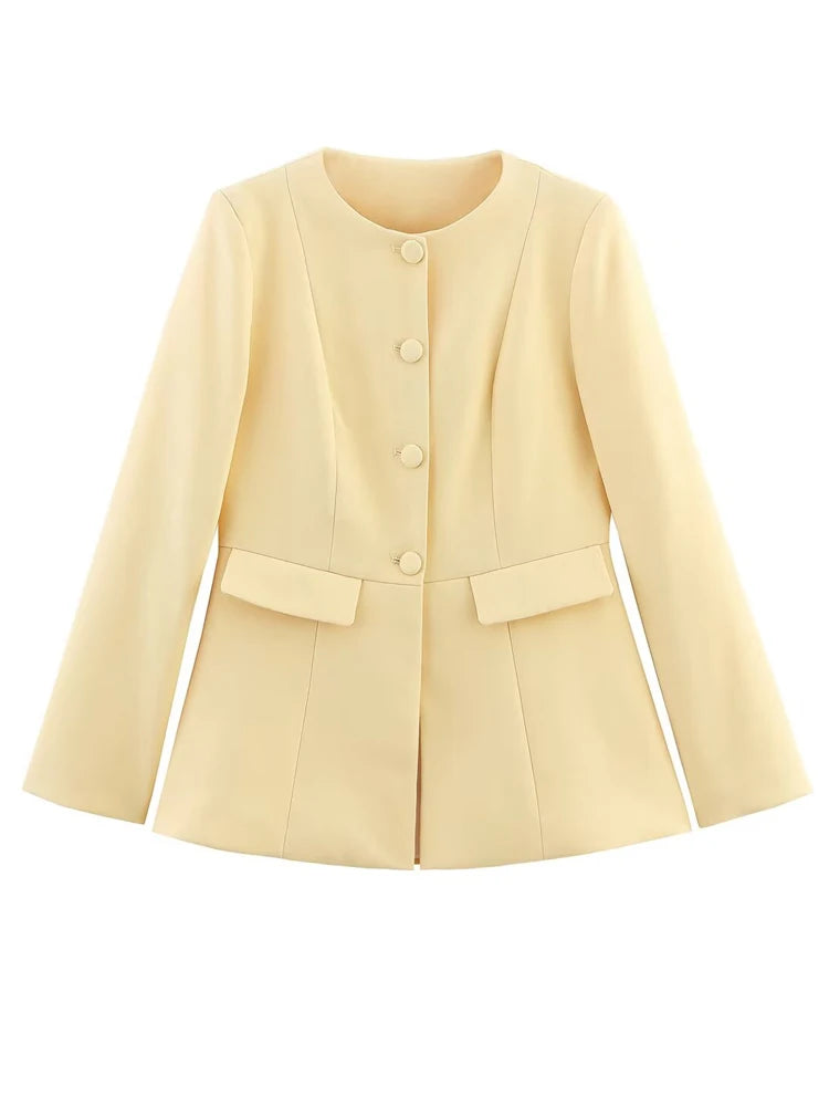HH 2025 Elegant Women's Yellow Slim Blazer Jacket Female O-Neck Long Sleeve Single Breasted Suit Coat Lady Office Streetwear