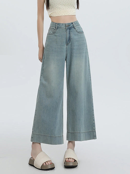 New 2025 Summer Jeans For Women Wide Leg Loose Denim Ankle-Length Pants Korean Fashion Streetwear Washed Blue Color Jeans Woman