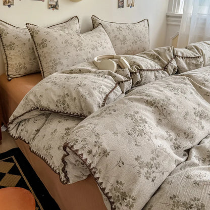 Skin-Friendly Double-Layer Yarn Bedding Set New Country Floral Soft Comforter Sets 100% Cotton Fitted Sheet Kit with Quilt Cover