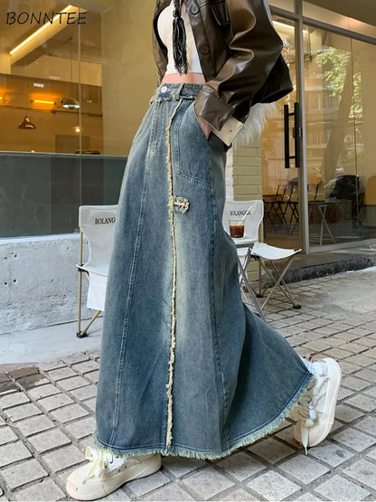 S-4XL Skirts Women Leisure Ankle-length All-match Denim Simple Chic Designed Vintage American Style Y2k Harajuku A-line Faldas
