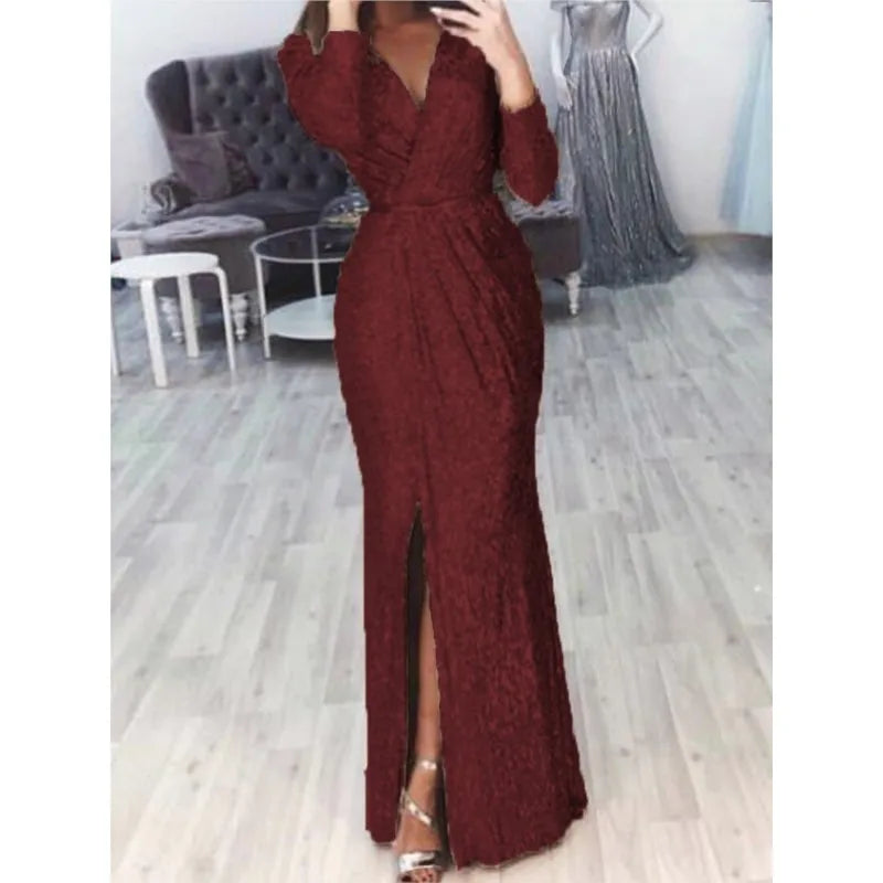 Women's Sequin High Slit Party Dresses Ruched Evening Glitter Dress Deep V Neck Long Sleeve Vestidos 2025 Autumn Female New Robe