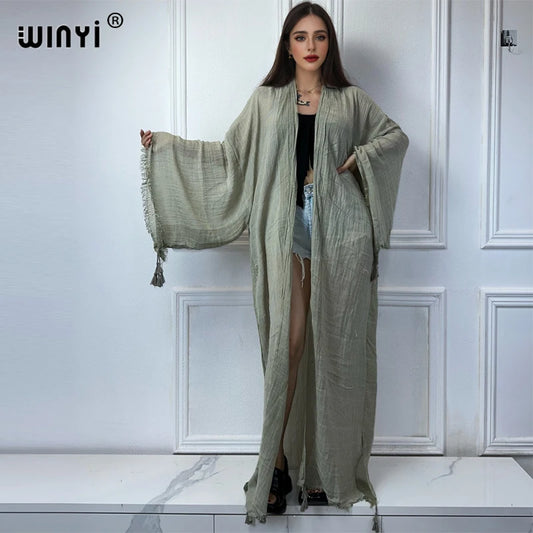 WINYI kimono Make an old fringed cardigan abaya dubai luxury Elegant beach outfits for women sexy cotton feeling dress kaftan