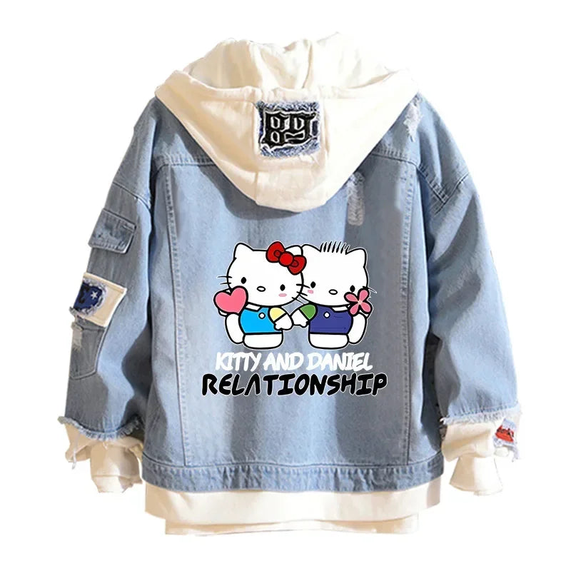 Anime Sanrio Denim Bomber Jacket Hello Kitty Hooded Jeans Sweatshirt Unisex Ripped Hole Cosplay Hoodie Long-Sleeved Denim Jacket