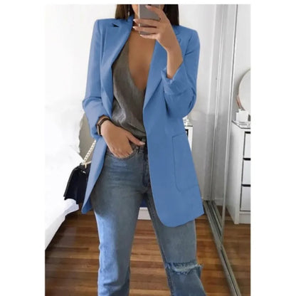 Autumn And Winter Women's Fashion Solid Color Polo Neck Slim Fit Coat Elegant Women's Long Sleeve Pocket Casual Suit Coat S-3XL
