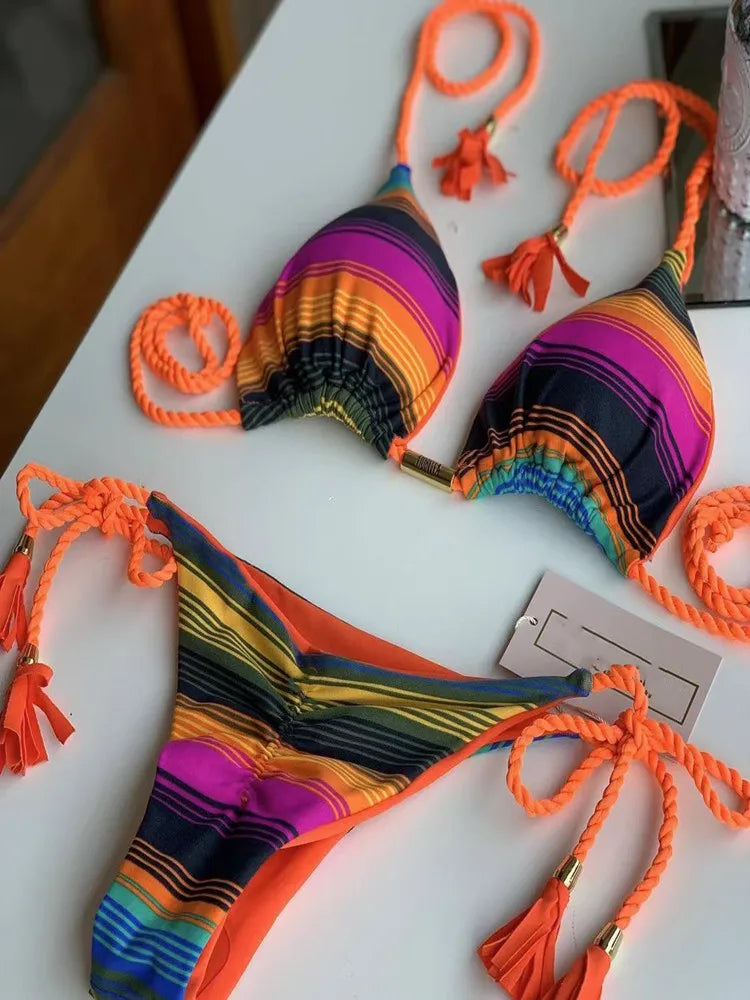 New Ladies Sexy Printed Rope Bikini Split Swimsuit