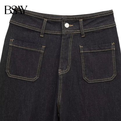 BSAY Jeans for Women Fashion Autumn Winter New Solid Color Pocket Loose Retro High Waist Wide Leg Pants Chic Female Trousers
