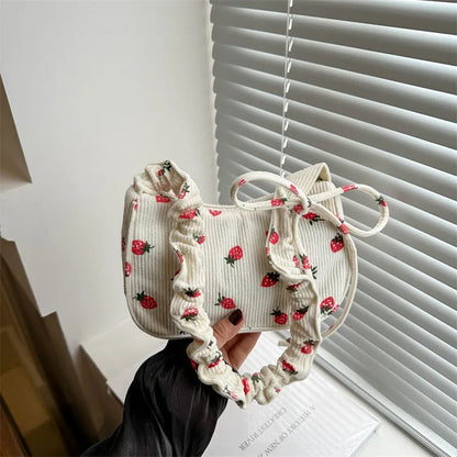 Small Underarm Bag For Women Corduroy Handbag Cute Strawberry Print Little Tote Half Moon Design Eco Cloth Mini Shoulder Bag